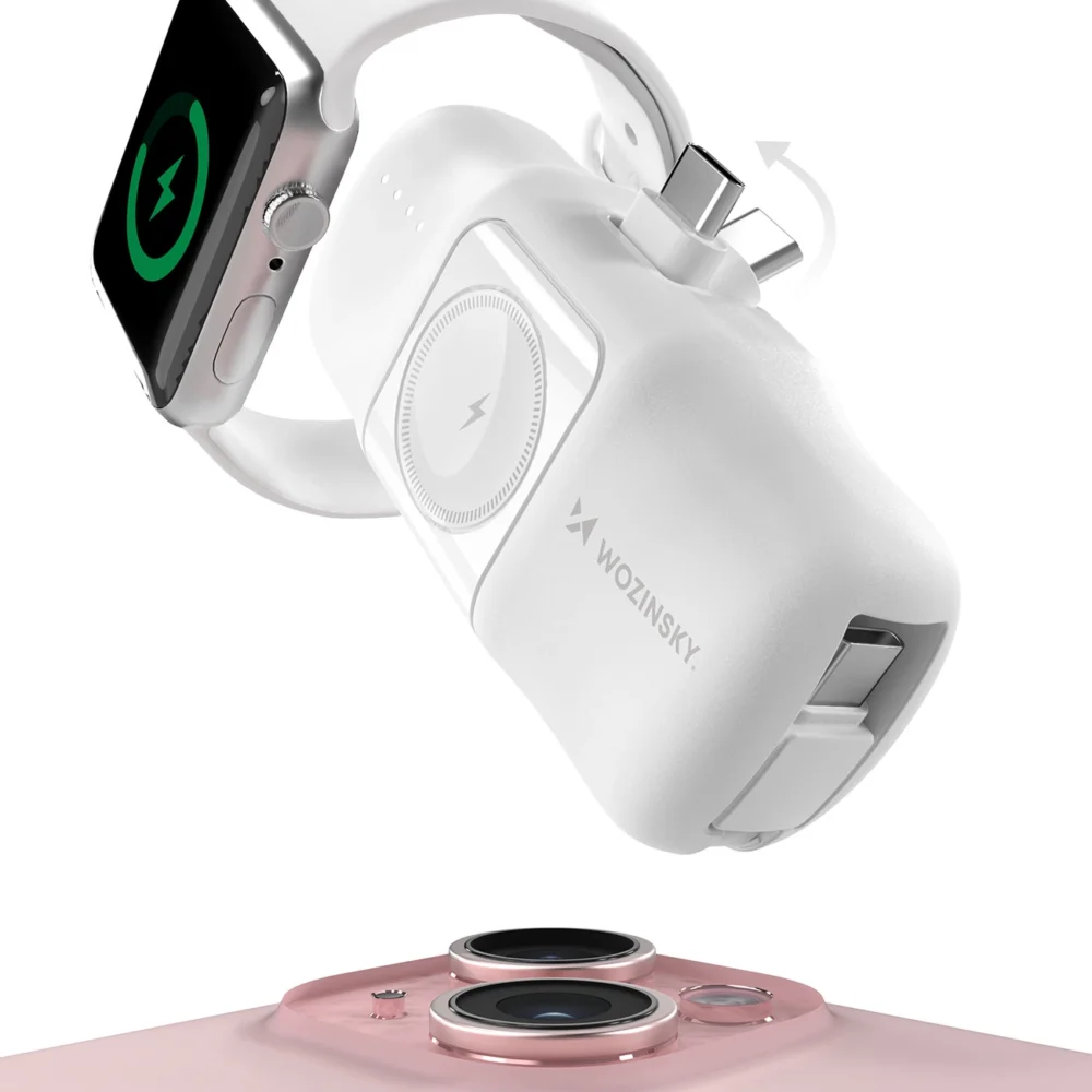 Wozinsky WF16-YCS 5000mAh 15W USB-C Mini Power Bank with Built-in USB-C Cable and Apple Watch Charger - Whiteeng