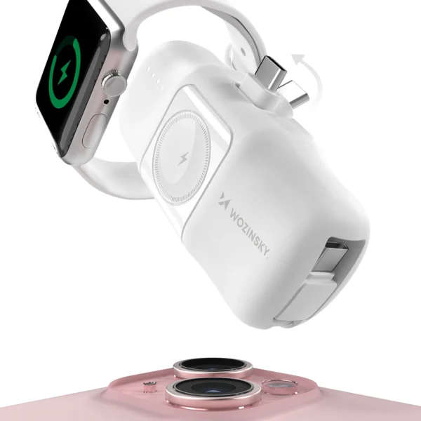 Wozinsky WF16-YCS 5000mAh 15W USB-C Mini Power Bank with Built-in USB-C Cable and Apple Watch Charger - Whiteeng
