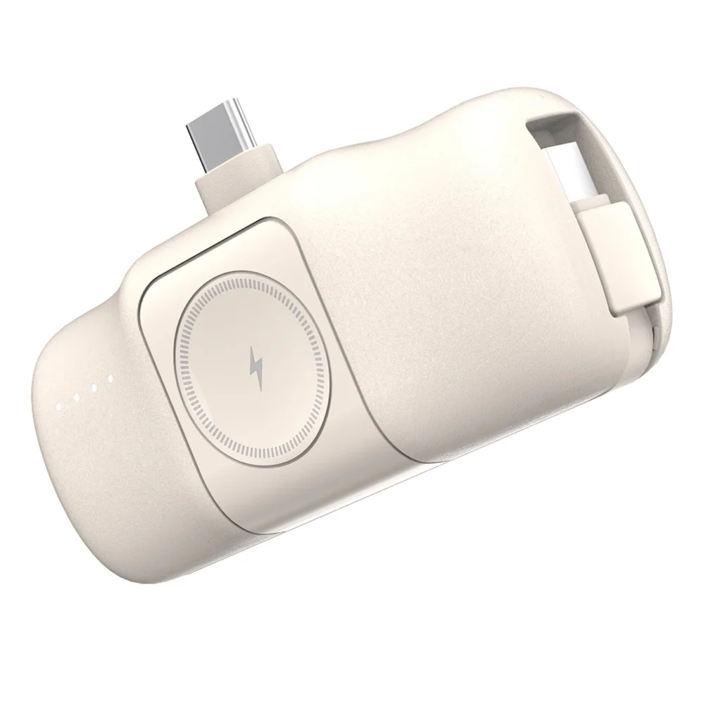 Wozinsky WF16-YCS 5000mAh 15W USB-C Mini Power Bank with Built-in USB-C Cable and Apple Watch Charger - Beigeeng