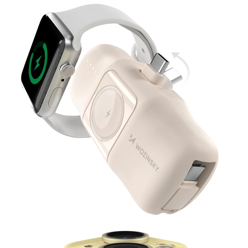 Wozinsky WF16-YCS 5000mAh 15W USB-C Mini Power Bank with Built-in USB-C Cable and Apple Watch Charger - Beigeeng