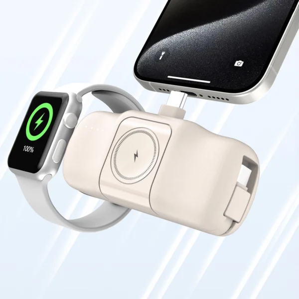 Wozinsky WF16-YCS 5000mAh 15W USB-C Mini Power Bank with Built-in USB-C Cable and Apple Watch Charger - Beigeeng