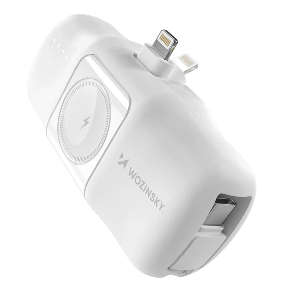 Wozinsky WF16-YLS 5000mAh 15W Lightning Mini Power Bank with Built-in USB-C Cable and Apple Watch Charger - Whiteeng