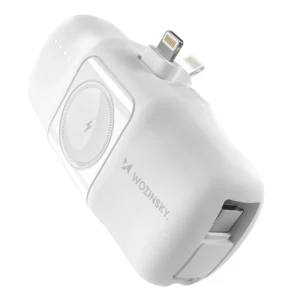 Wozinsky WF16-YLS 5000mAh 15W Lightning Mini Power Bank with Built-in USB-C Cable and Apple Watch Charger - Whiteeng
