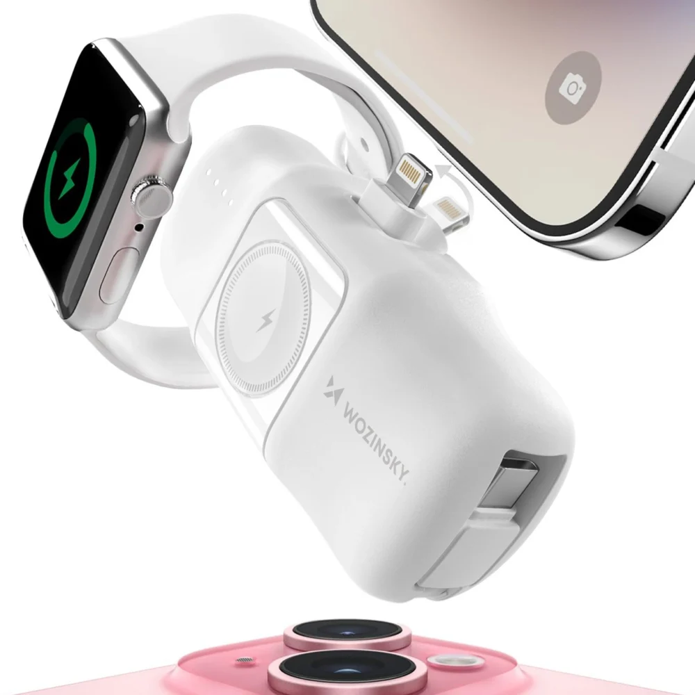 Wozinsky WF16-YLS 5000mAh 15W Lightning Mini Power Bank with Built-in USB-C Cable and Apple Watch Charger - Whiteeng