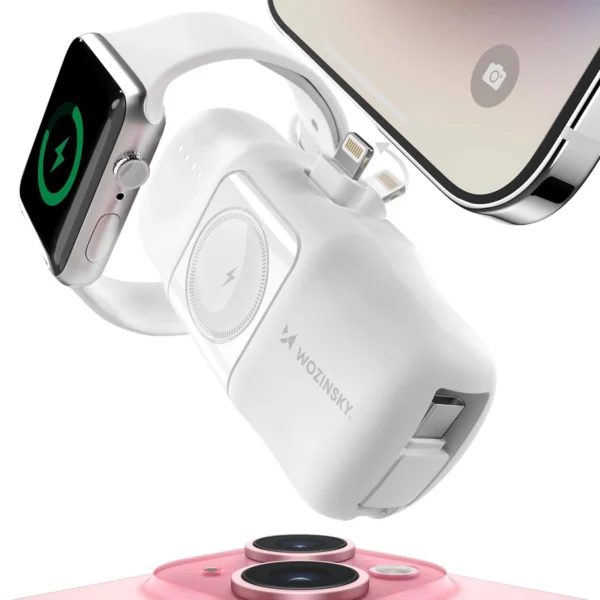 Wozinsky WF16-YLS 5000mAh 15W Lightning Mini Power Bank with Built-in USB-C Cable and Apple Watch Charger - Whiteeng