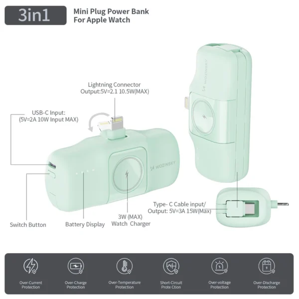 Wozinsky WF16-YLS 5000mAh 15W Lightning Mini Power Bank with Built-in USB-C Cable and Apple Watch Charger - Greeneng