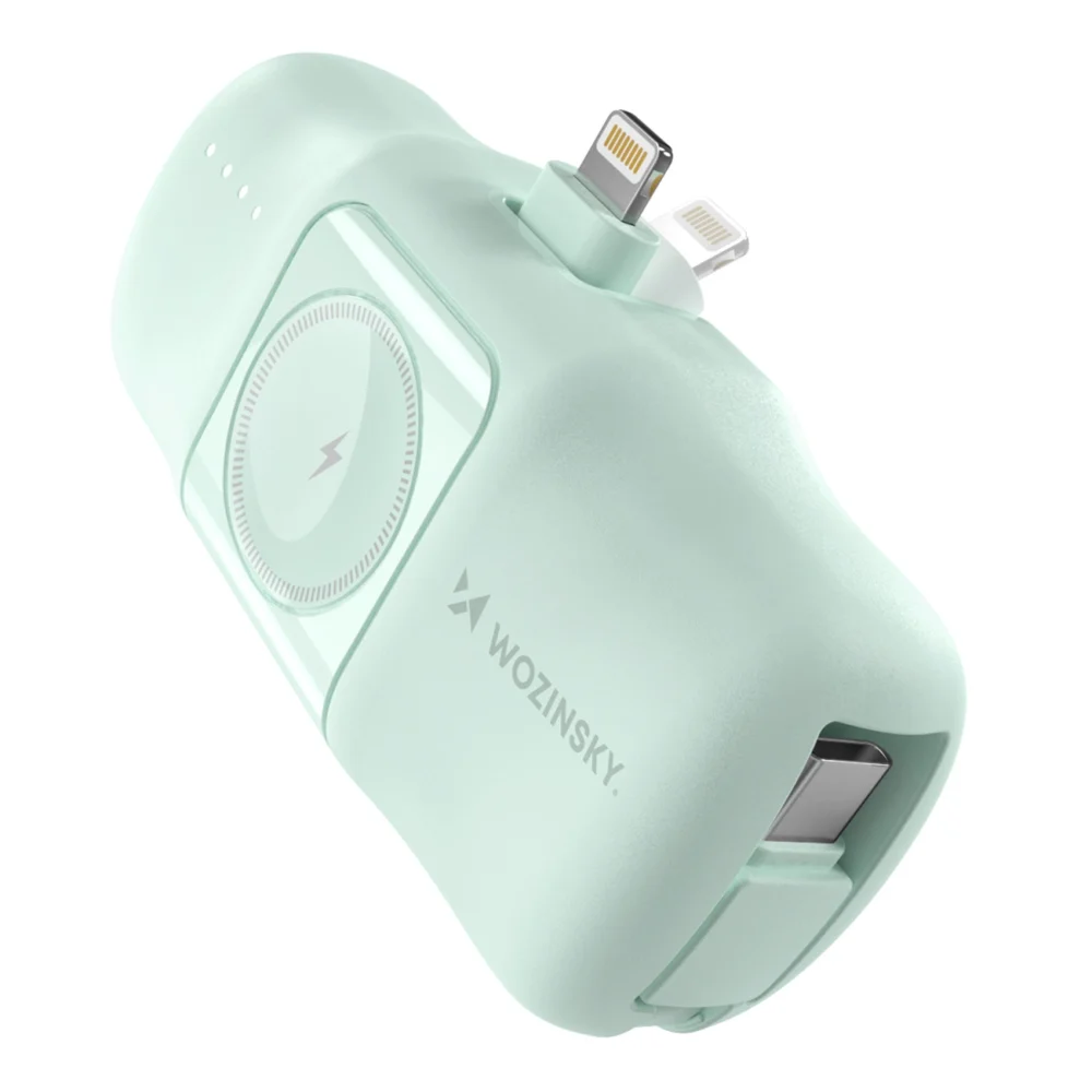 Wozinsky WF16-YLS 5000mAh 15W Lightning Mini Power Bank with Built-in USB-C Cable and Apple Watch Charger - Greeneng