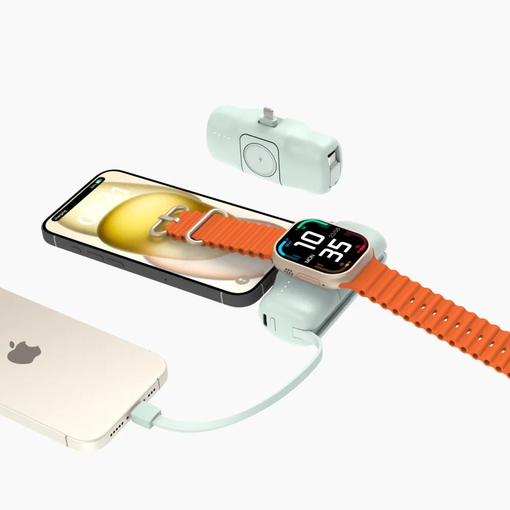 Wozinsky WF16-YLS 5000mAh 15W Lightning Mini Power Bank with Built-in USB-C Cable and Apple Watch Charger - Greeneng