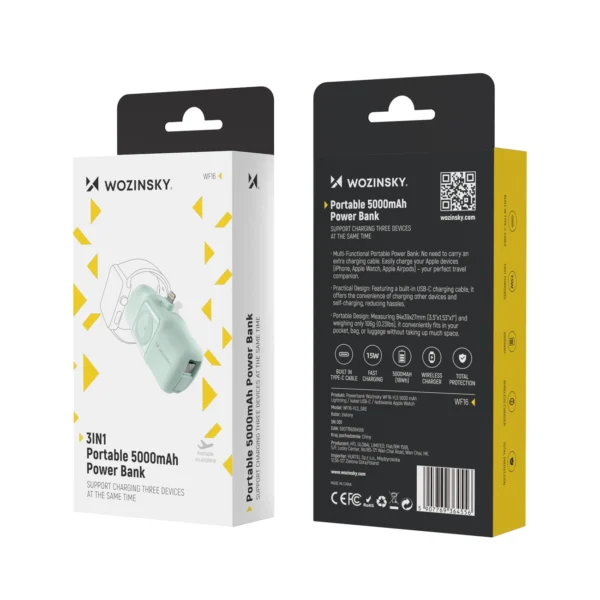Wozinsky WF16-YLS 5000mAh 15W Lightning Mini Power Bank with Built-in USB-C Cable and Apple Watch Charger - Greeneng