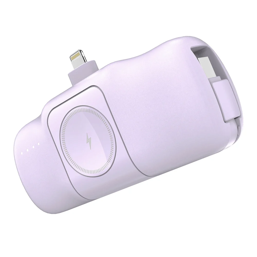 Wozinsky WF16-YLS 5000mAh 15W Lightning Mini Power Bank with Built-in USB-C Cable and Apple Watch Charger - Purpleeng