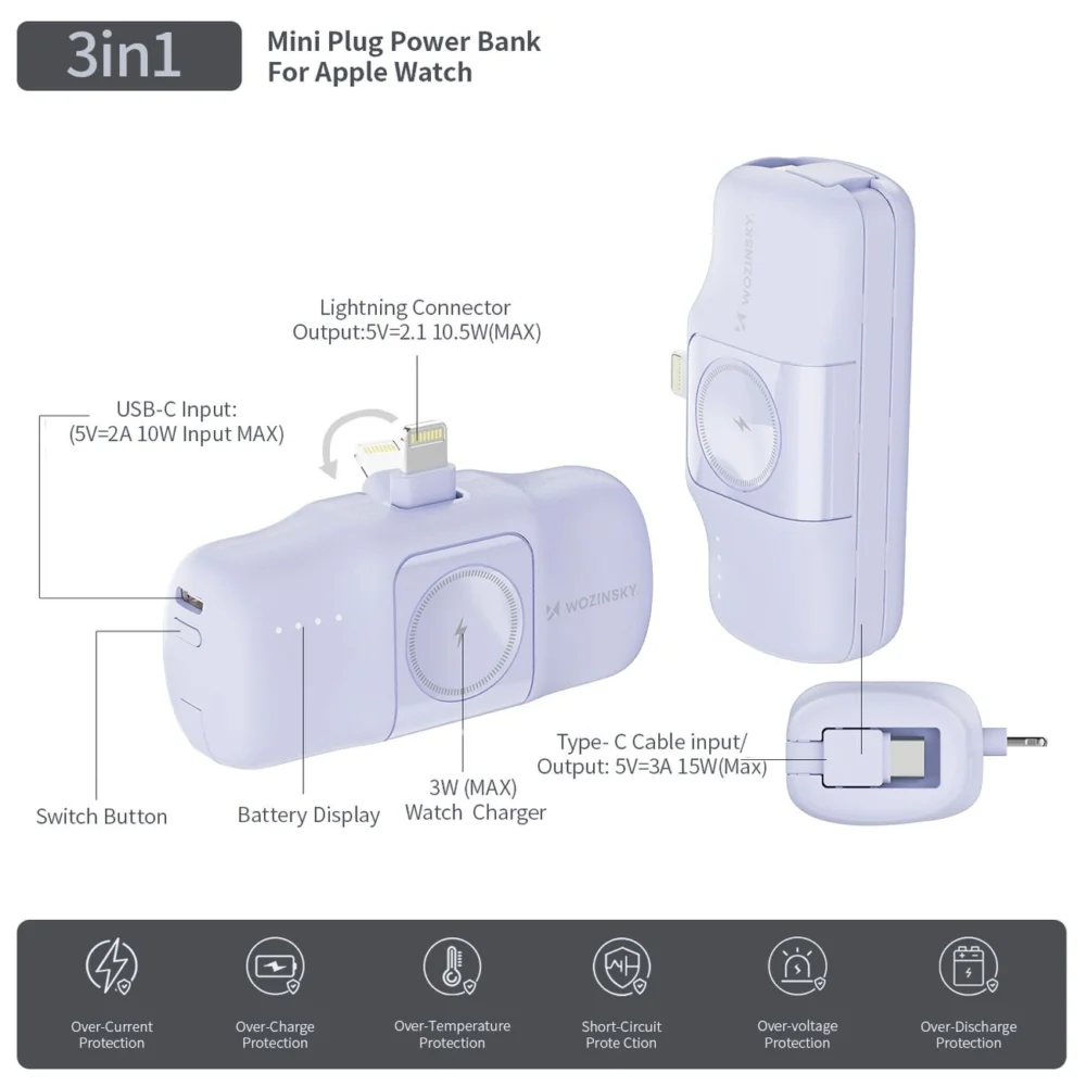 Wozinsky WF16-YLS 5000mAh 15W Lightning Mini Power Bank with Built-in USB-C Cable and Apple Watch Charger - Purpleeng
