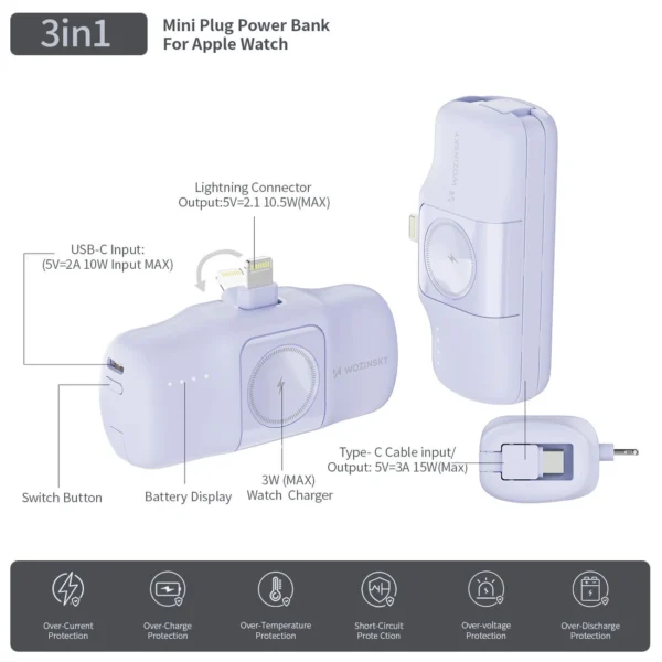 Wozinsky WF16-YLS 5000mAh 15W Lightning Mini Power Bank with Built-in USB-C Cable and Apple Watch Charger - Purpleeng