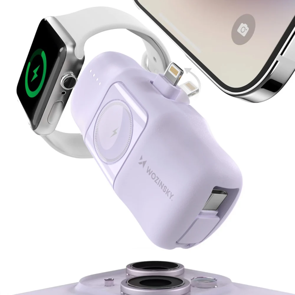 Wozinsky WF16-YLS 5000mAh 15W Lightning Mini Power Bank with Built-in USB-C Cable and Apple Watch Charger - Purpleeng
