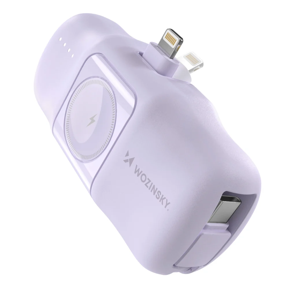 Wozinsky WF16-YLS 5000mAh 15W Lightning Mini Power Bank with Built-in USB-C Cable and Apple Watch Charger - Purpleeng