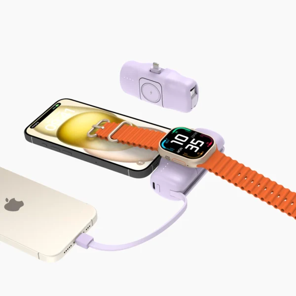 Wozinsky WF16-YLS 5000mAh 15W Lightning Mini Power Bank with Built-in USB-C Cable and Apple Watch Charger - Purpleeng