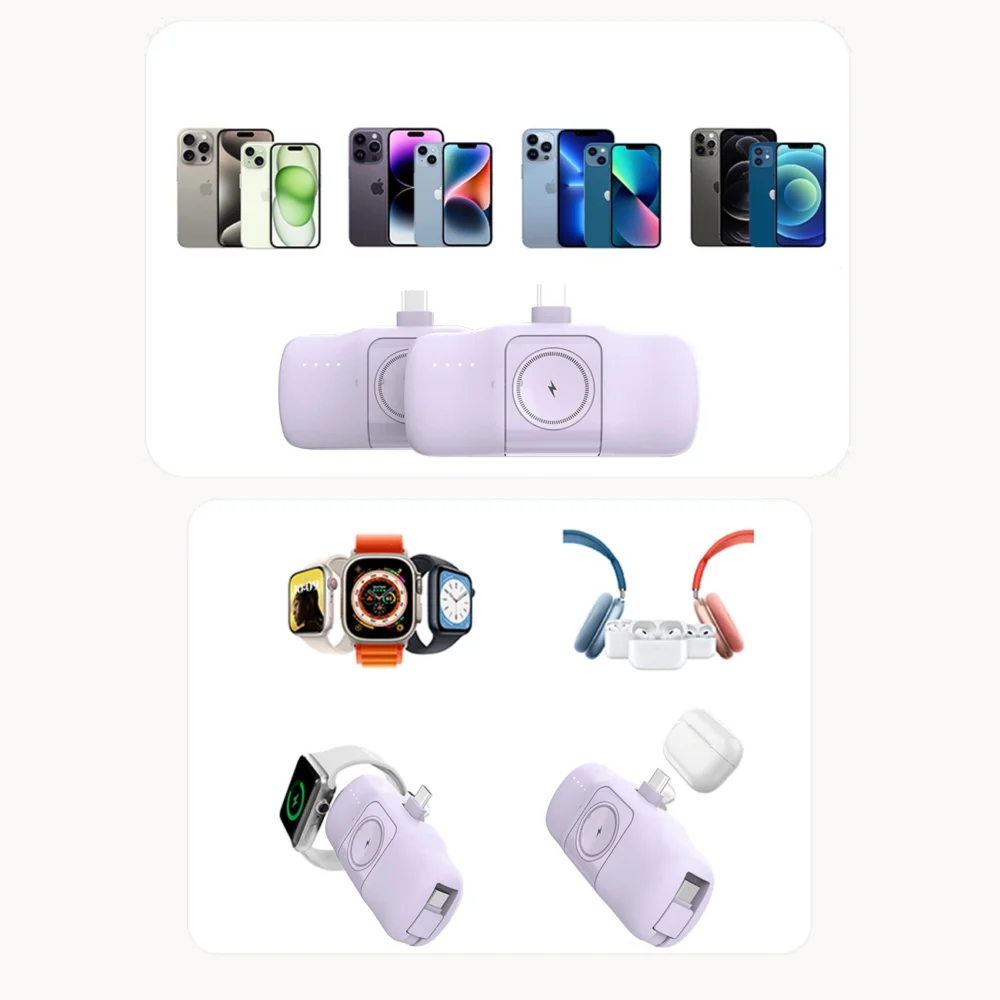 Wozinsky WF16-YLS 5000mAh 15W Lightning Mini Power Bank with Built-in USB-C Cable and Apple Watch Charger - Purpleeng