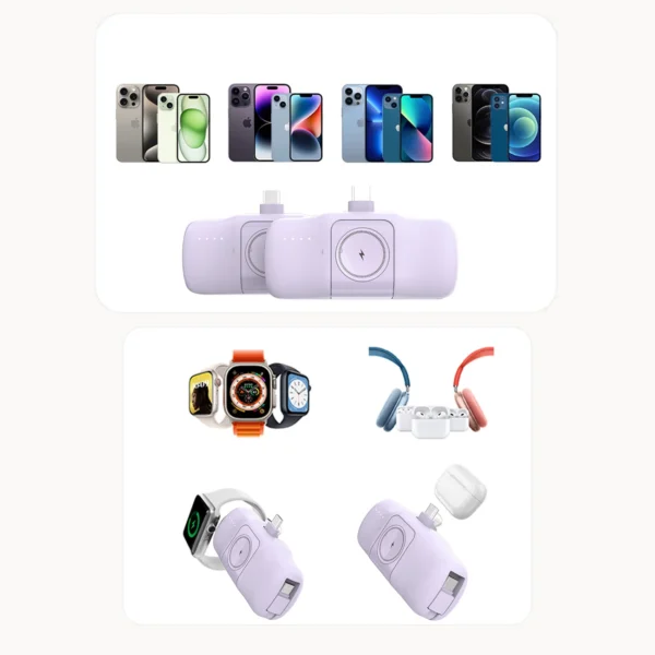 Wozinsky WF16-YLS 5000mAh 15W Lightning Mini Power Bank with Built-in USB-C Cable and Apple Watch Charger - Purpleeng