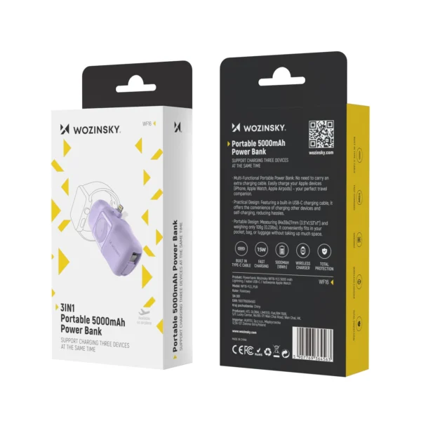 Wozinsky WF16-YLS 5000mAh 15W Lightning Mini Power Bank with Built-in USB-C Cable and Apple Watch Charger - Purpleeng