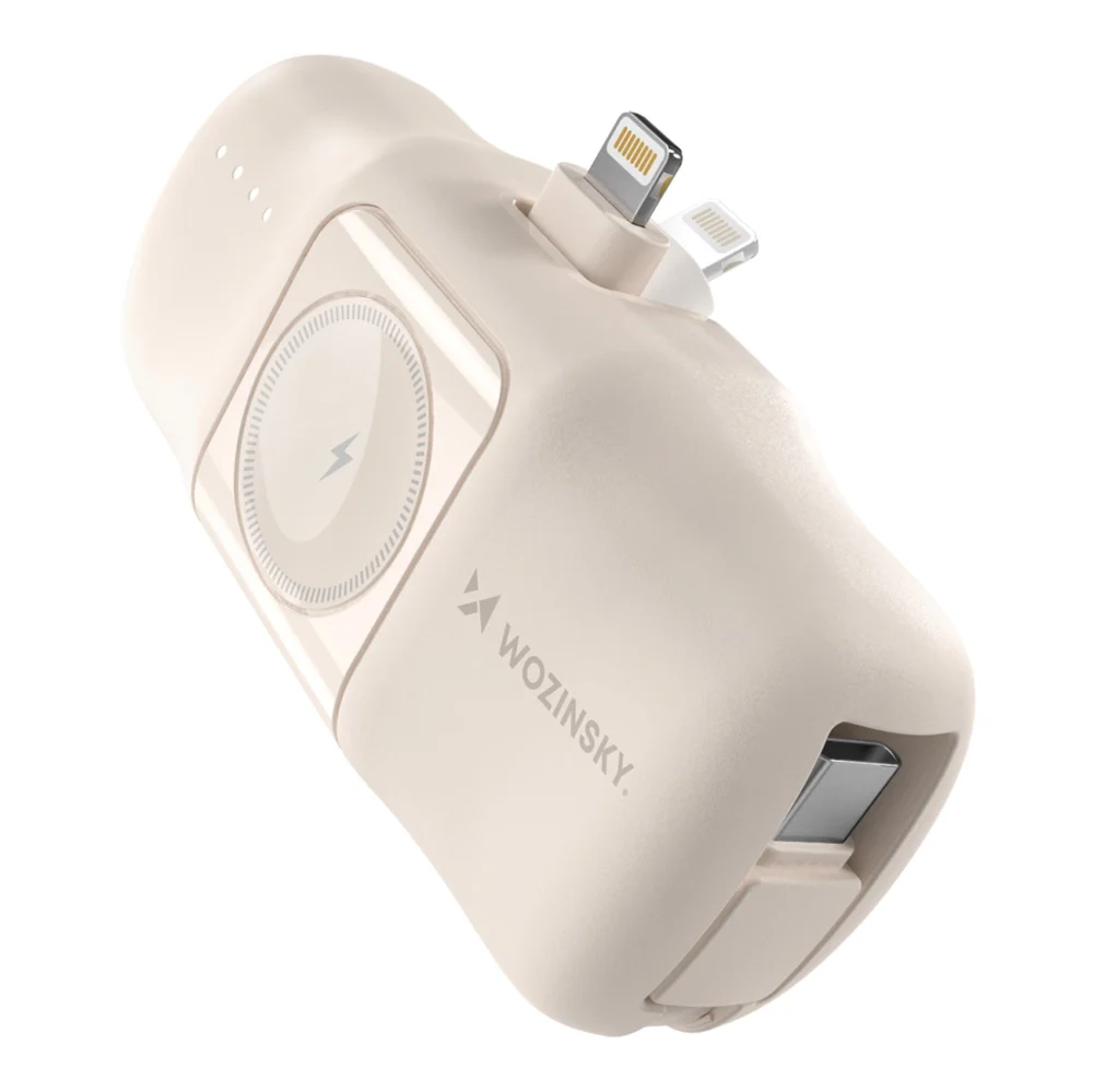 Wozinsky WF16-YLS 5000mAh 15W Lightning Mini Power Bank with Built-in USB-C Cable and Apple Watch Charger - Beigeeng