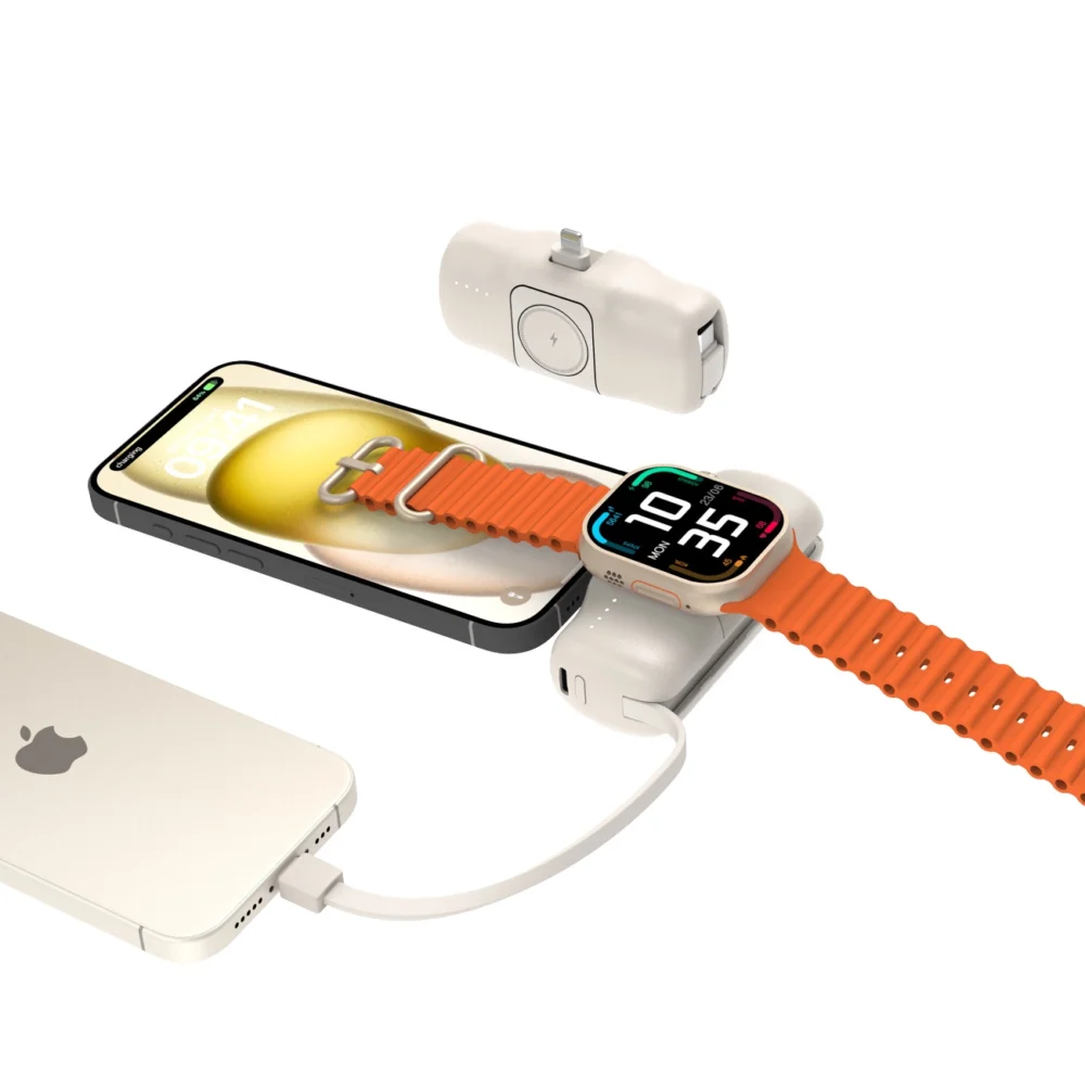 Wozinsky WF16-YLS 5000mAh 15W Lightning Mini Power Bank with Built-in USB-C Cable and Apple Watch Charger - Beigeeng