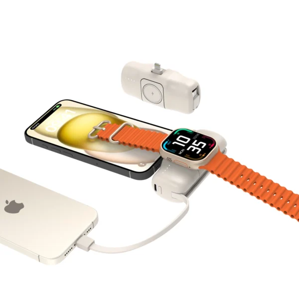 Wozinsky WF16-YLS 5000mAh 15W Lightning Mini Power Bank with Built-in USB-C Cable and Apple Watch Charger - Beigeeng