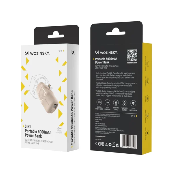 Wozinsky WF16-YLS 5000mAh 15W Lightning Mini Power Bank with Built-in USB-C Cable and Apple Watch Charger - Beigeeng
