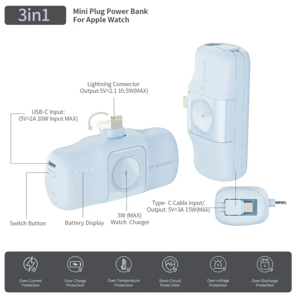 Wozinsky WF16-YLS 5000mAh 15W Lightning Mini Power Bank with Built-in USB-C Cable and Apple Watch Charger - Blueeng