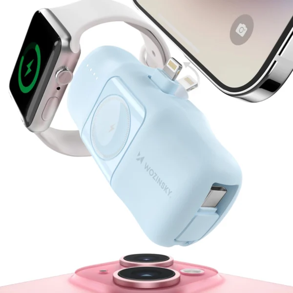 Wozinsky WF16-YLS 5000mAh 15W Lightning Mini Power Bank with Built-in USB-C Cable and Apple Watch Charger - Blueeng