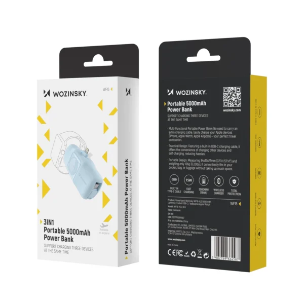 Wozinsky WF16-YLS 5000mAh 15W Lightning Mini Power Bank with Built-in USB-C Cable and Apple Watch Charger - Blueeng