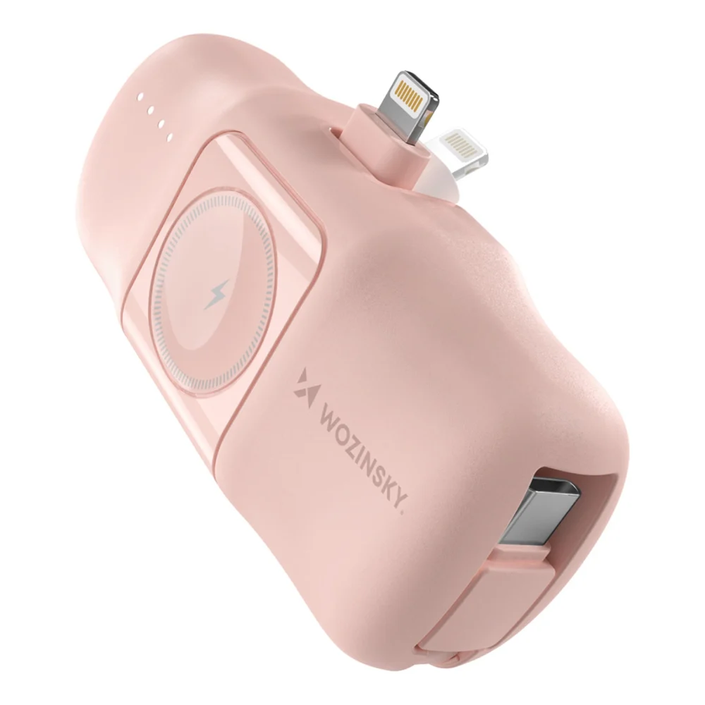 Wozinsky WF16-YLS 5000mAh 15W Lightning Mini Power Bank with Built-in USB-C Cable and Apple Watch Charger - Pinkeng