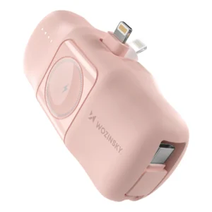 Wozinsky WF16-YLS 5000mAh 15W Lightning Mini Power Bank with Built-in USB-C Cable and Apple Watch Charger - Pinkeng