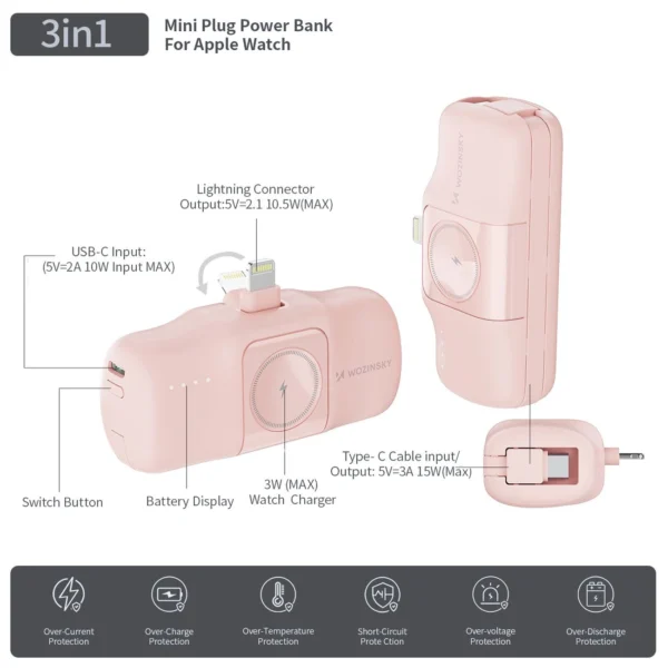 Wozinsky WF16-YLS 5000mAh 15W Lightning Mini Power Bank with Built-in USB-C Cable and Apple Watch Charger - Pinkeng