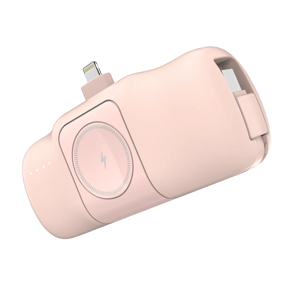 Wozinsky WF16-YLS 5000mAh 15W Lightning Mini Power Bank with Built-in USB-C Cable and Apple Watch Charger - Pinkeng