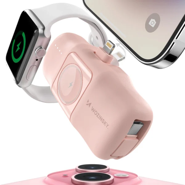 Wozinsky WF16-YLS 5000mAh 15W Lightning Mini Power Bank with Built-in USB-C Cable and Apple Watch Charger - Pinkeng