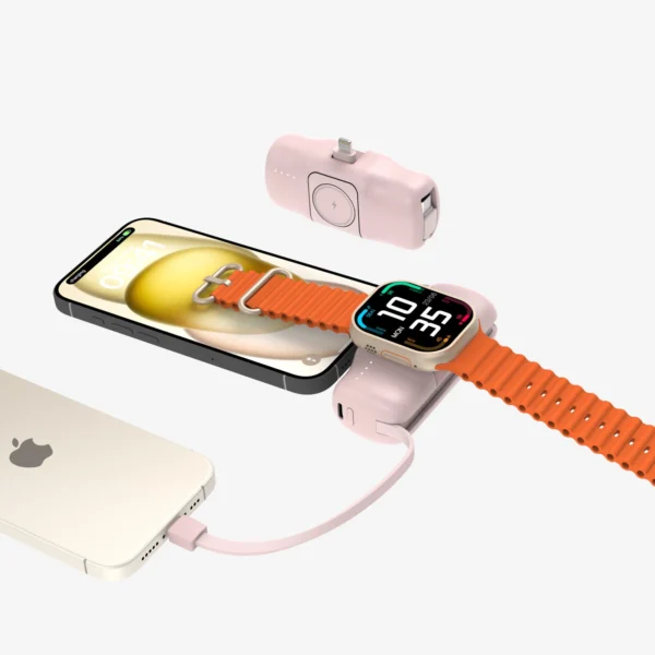 Wozinsky WF16-YLS 5000mAh 15W Lightning Mini Power Bank with Built-in USB-C Cable and Apple Watch Charger - Pinkeng