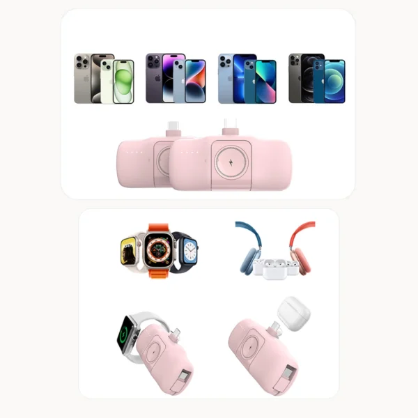 Wozinsky WF16-YLS 5000mAh 15W Lightning Mini Power Bank with Built-in USB-C Cable and Apple Watch Charger - Pinkeng