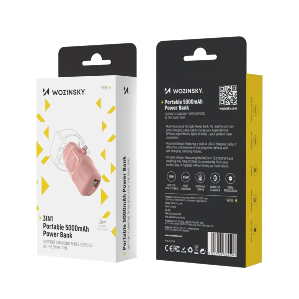 Wozinsky WF16-YLS 5000mAh 15W Lightning Mini Power Bank with Built-in USB-C Cable and Apple Watch Charger - Pinkeng