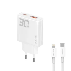 GaN Dudao A30EUL 30W USB-A / USB-C Wall Charger + USB-C - Lightning Cable - Whiteeng