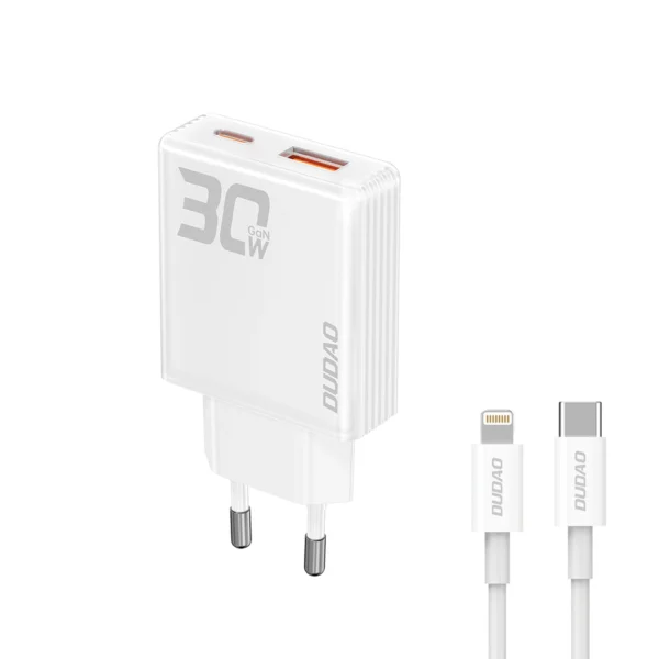 GaN Dudao A30EUL 30W USB-A / USB-C Wall Charger + USB-C - Lightning Cable - Whiteeng