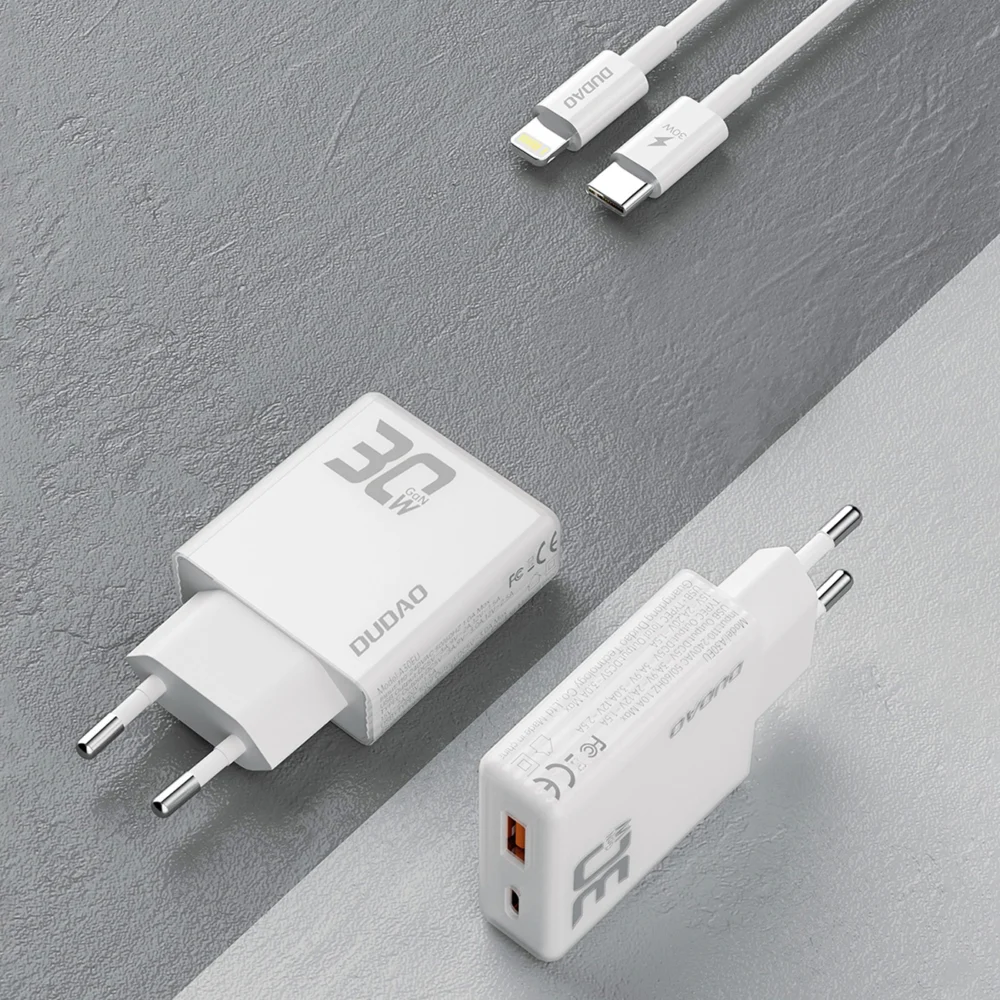 GaN Dudao A30EUL 30W USB-A / USB-C Wall Charger + USB-C - Lightning Cable - Whiteeng