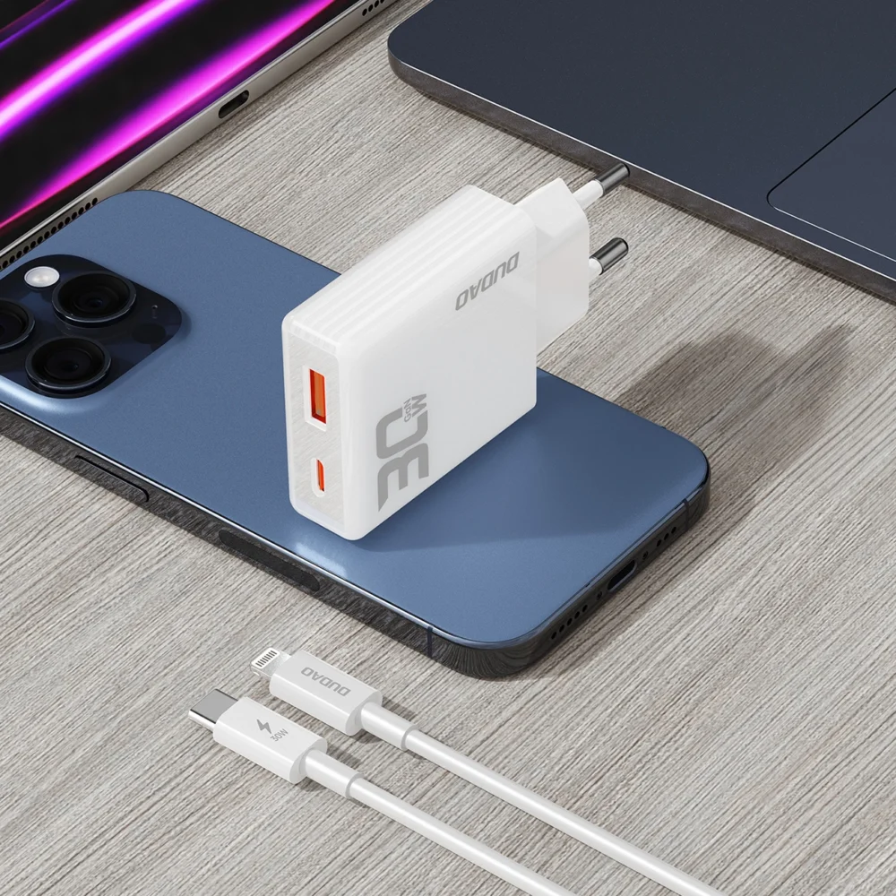 GaN Dudao A30EUL 30W USB-A / USB-C Wall Charger + USB-C - Lightning Cable - Whiteeng