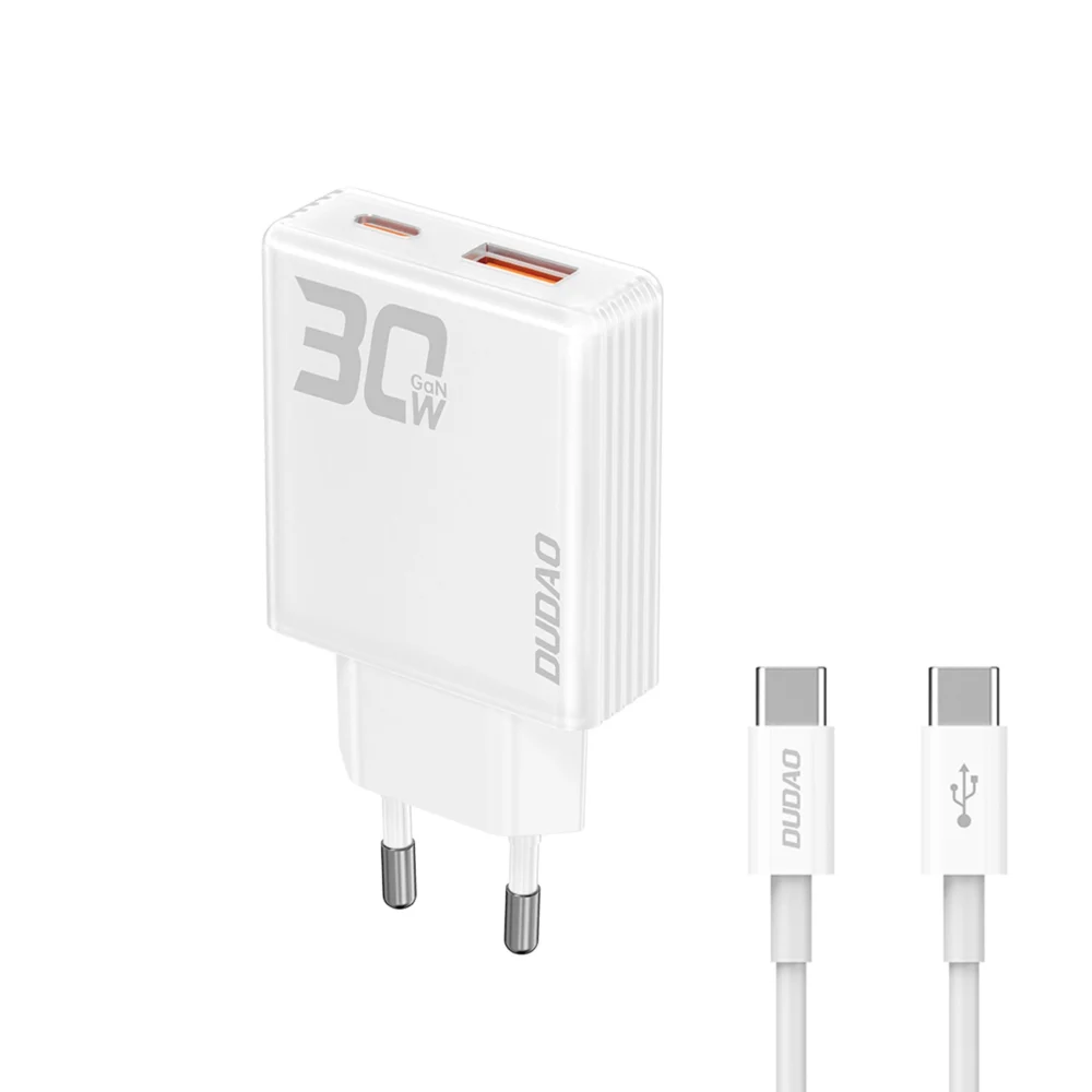 GaN Dudao A30EUT 30W USB-A / USB-C Wall Charger + USB-C - USB-C Cable - Whiteeng
