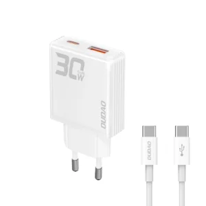 GaN Dudao A30EUT 30W USB-A / USB-C Wall Charger + USB-C - USB-C Cable - Whiteeng