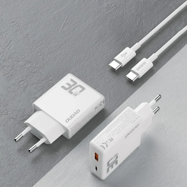 GaN Dudao A30EUT 30W USB-A / USB-C Wall Charger + USB-C - USB-C Cable - Whiteeng