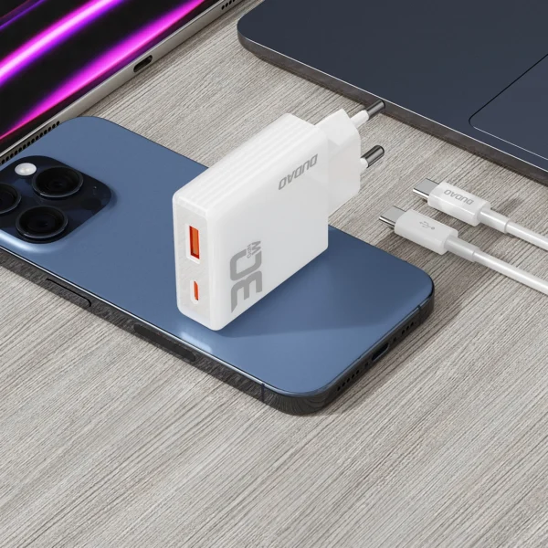 GaN Dudao A30EUT 30W USB-A / USB-C Wall Charger + USB-C - USB-C Cable - Whiteeng