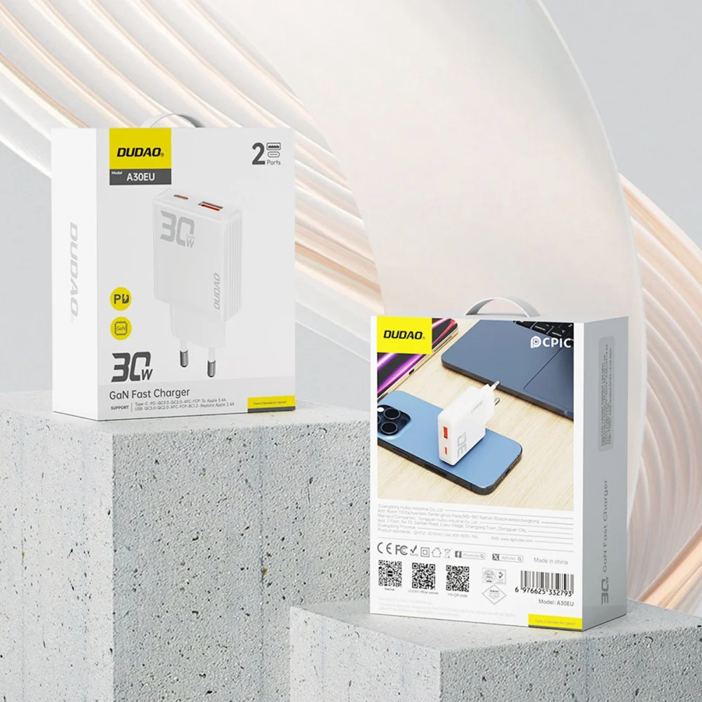 GaN Dudao A30EU 30W USB-A / USB-C Wall Charger - Whiteeng