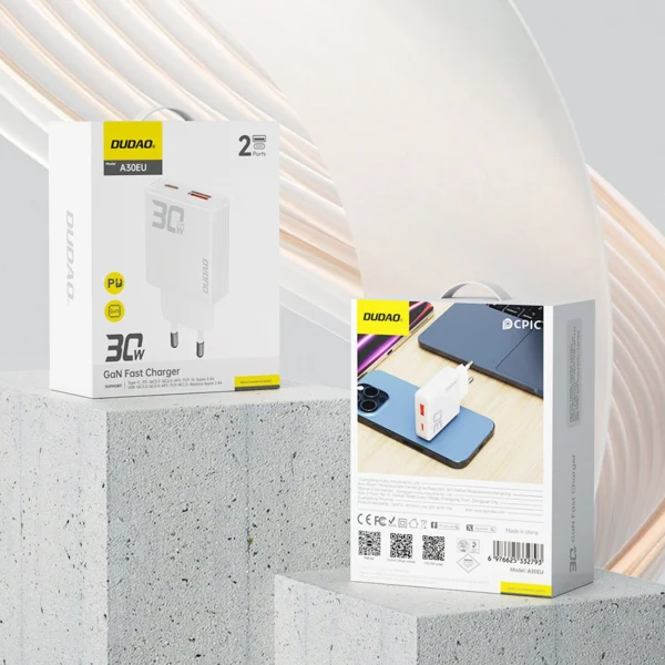 GaN Dudao A30EU 30W USB-A / USB-C Wall Charger - Whiteeng