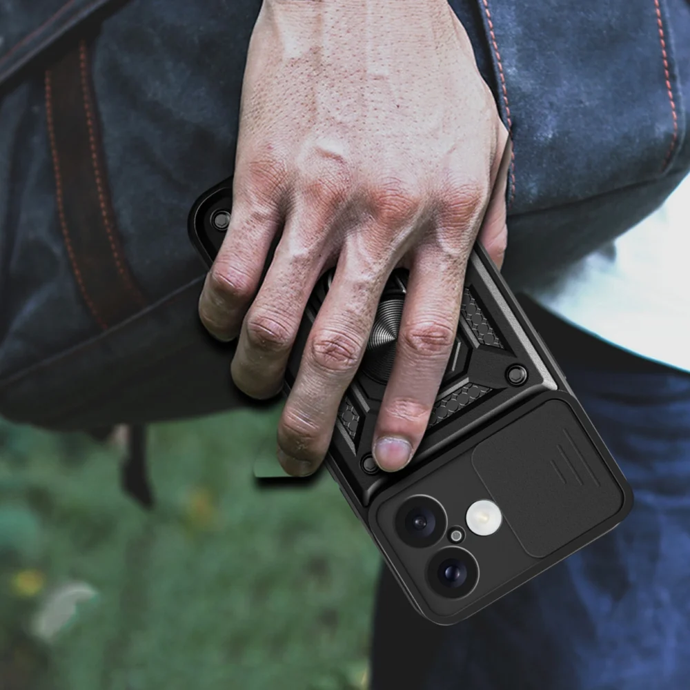Hybrid Armor Camshield iPhone 16 Armored Case with Camera Cover and Stand - Blackeng