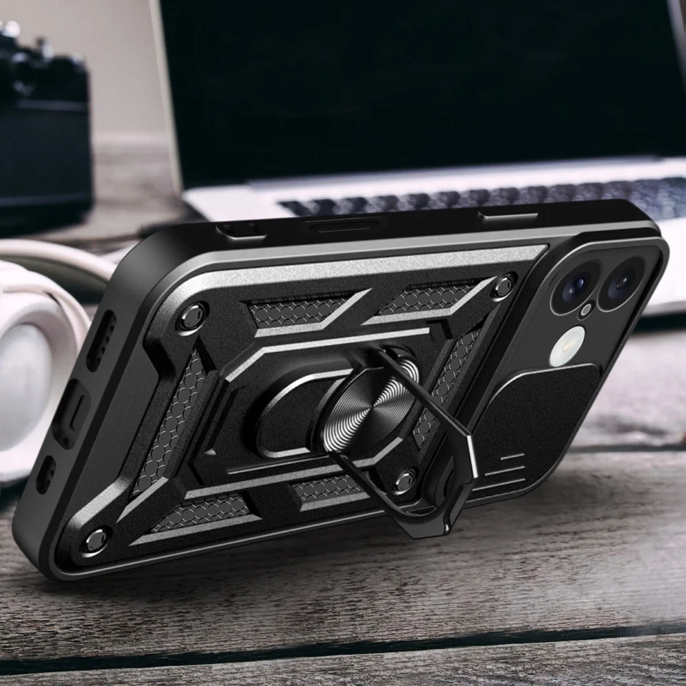 Hybrid Armor Camshield iPhone 16 Armored Case with Camera Cover and Stand - Blackeng