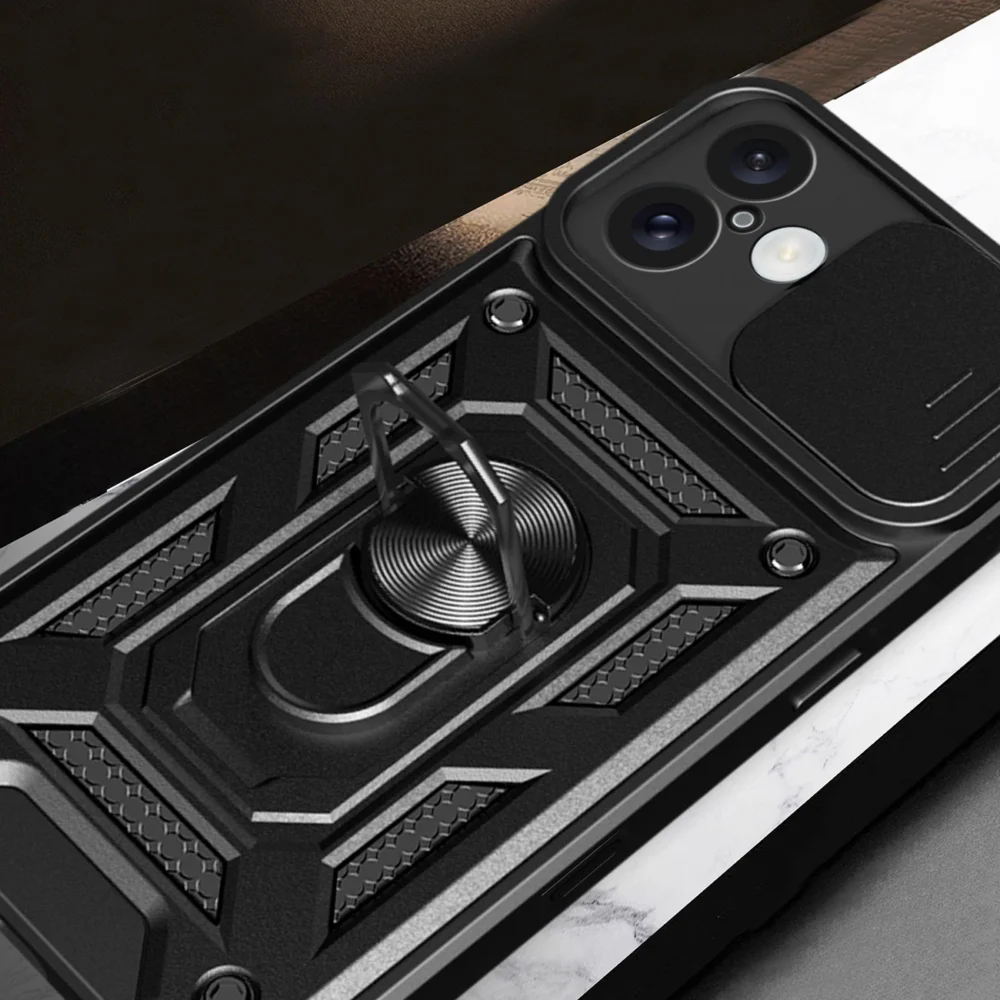 Hybrid Armor Camshield iPhone 16 Armored Case with Camera Cover and Stand - Blackeng
